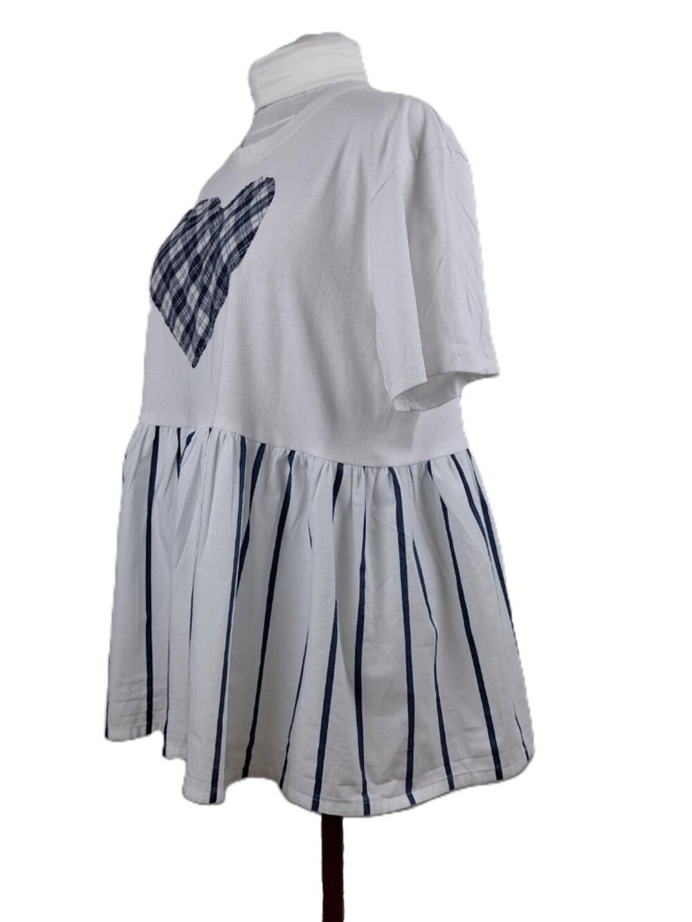 Upcycled Peplum T-Shirt Top Fits XL 1X 2X Reworked Plaid Heart Applique BluWhite - Picture 10 of 14